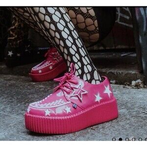 T.U.K. Pink & White Star Viva Mondo Creeper Bold Iconic Platform Vegan Sz 7